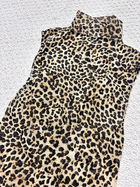 Enza Costa Leopard Print Sheer Sleeveless Turtleneck Top